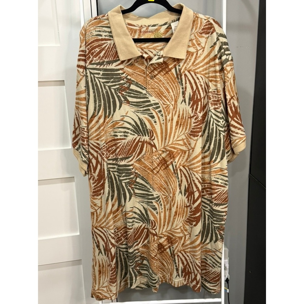 Caribbean Mens 4XLT Silk Cotton Blend Tropical Polo Shirt Tan Brown Preppy Golf